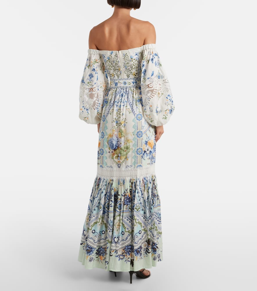 Floral off-shoulder linen and silk maxi dress