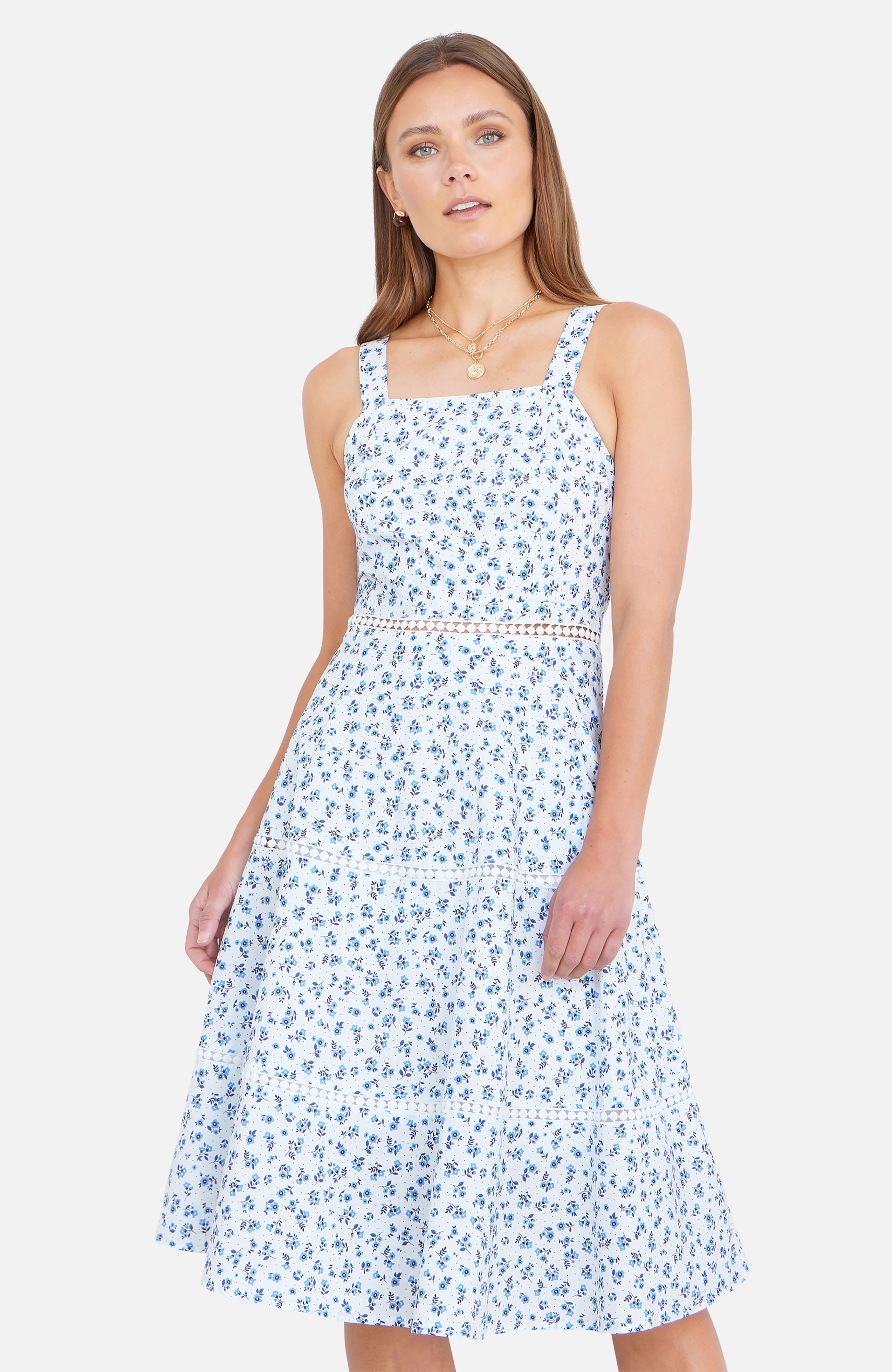 Yumi Women's White Ditsy Floral Cotton Midi Sun Dress With Lace Trims in Cool White
