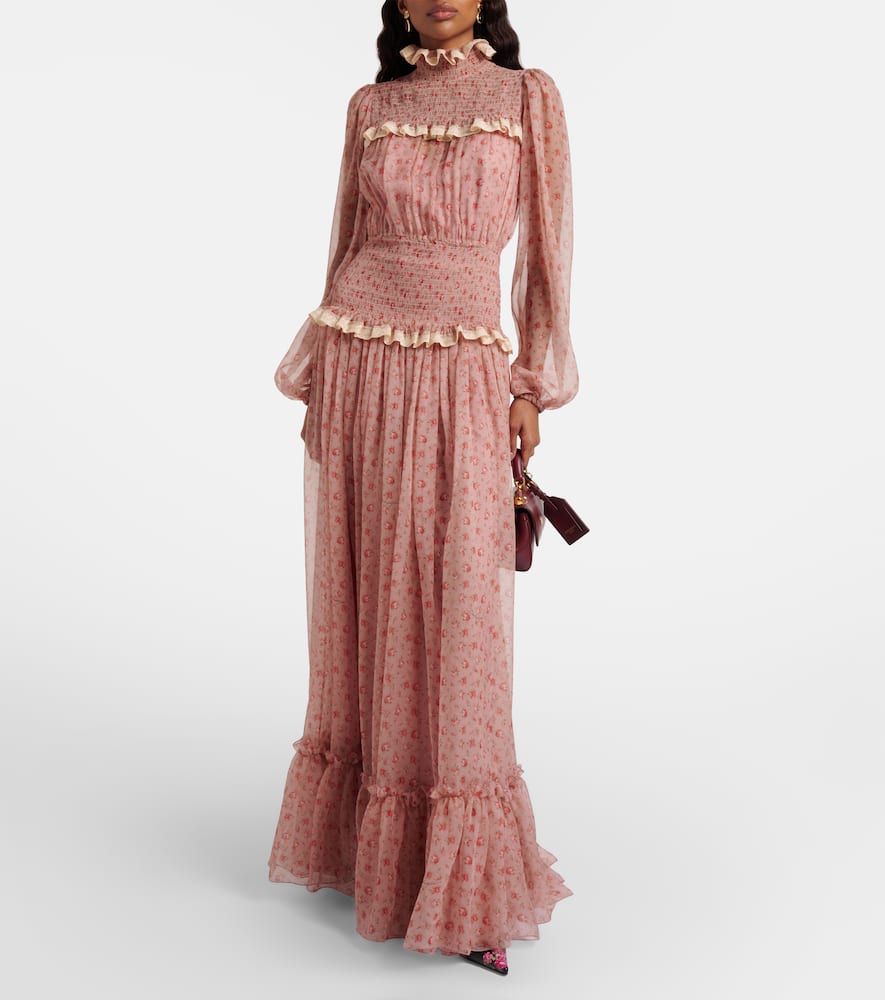 Floral smocked silk and cotton chiffon gown