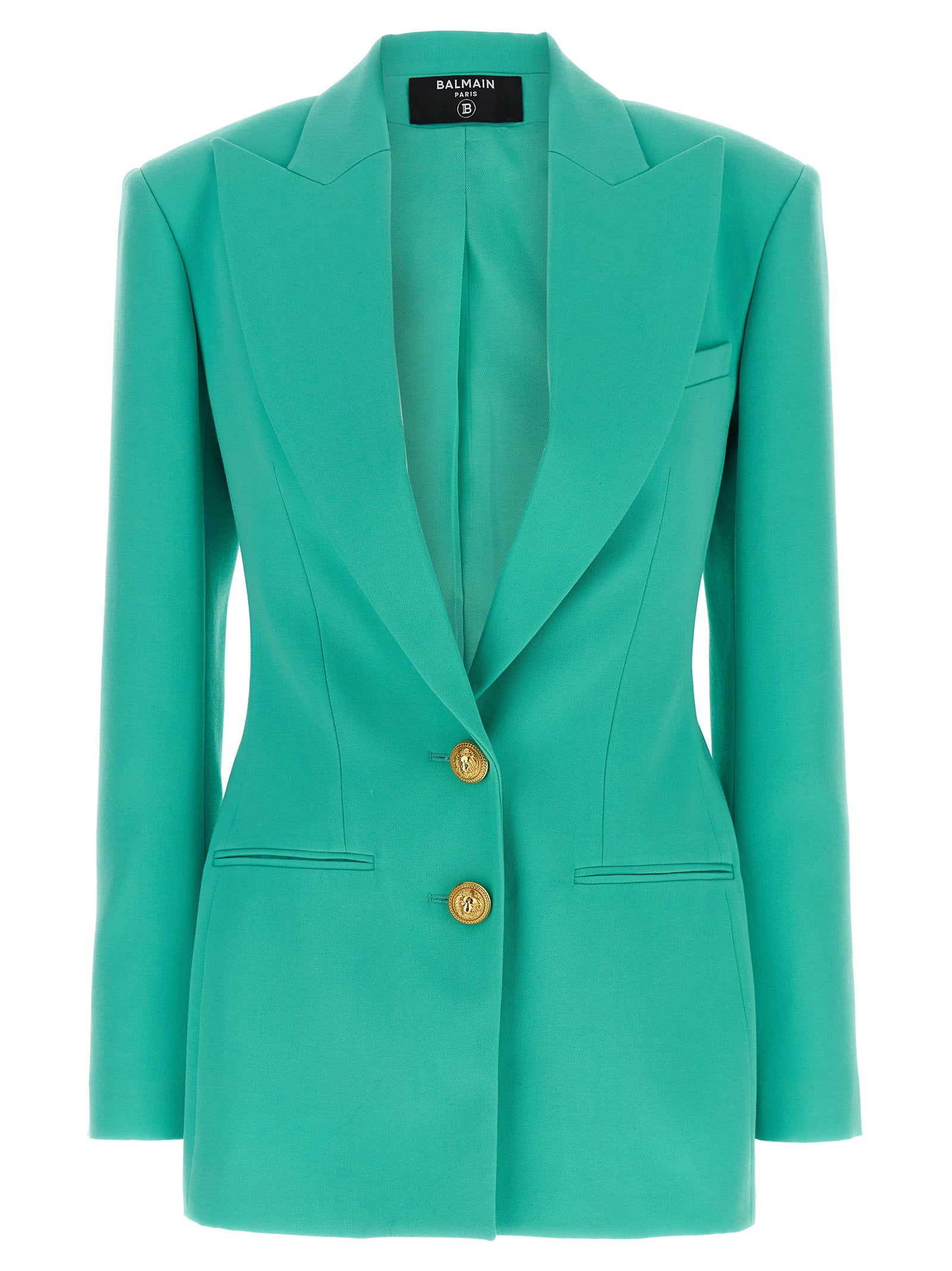 Logo-Button Double-Breasted Wool Blazer — turquoise