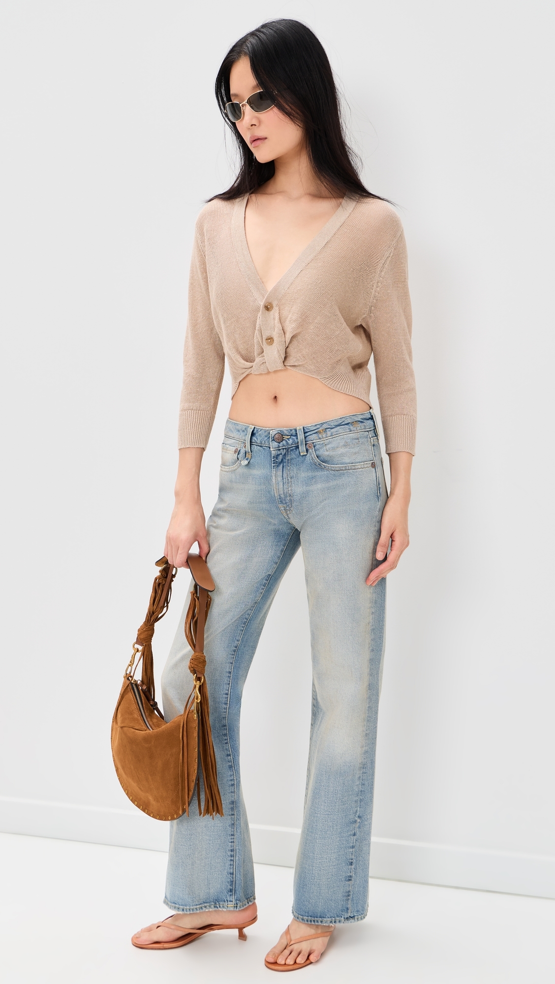 3/4 Sleeve Twisted Front Cardigan Light Khaki