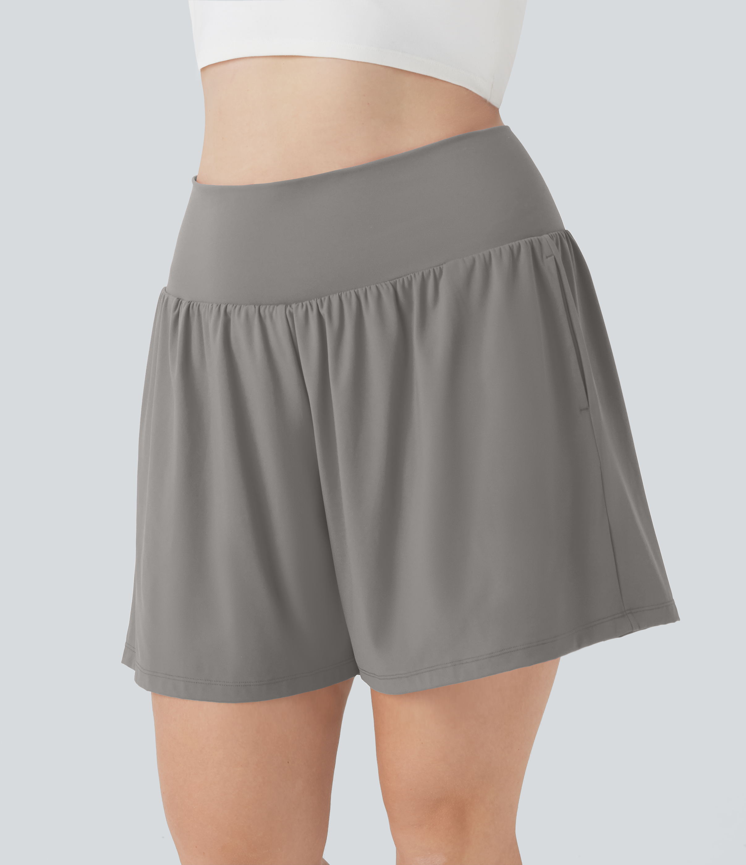 "SoftlyZero™ Airy Super High Waisted 2-in-1 Cool Touch Yoga Plus Size Shorts 7"" with Pockets Gym Short - Steeple Gray