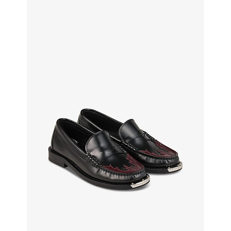 Womens Noir / Gris Embroidered Slip-on Leather Loafers