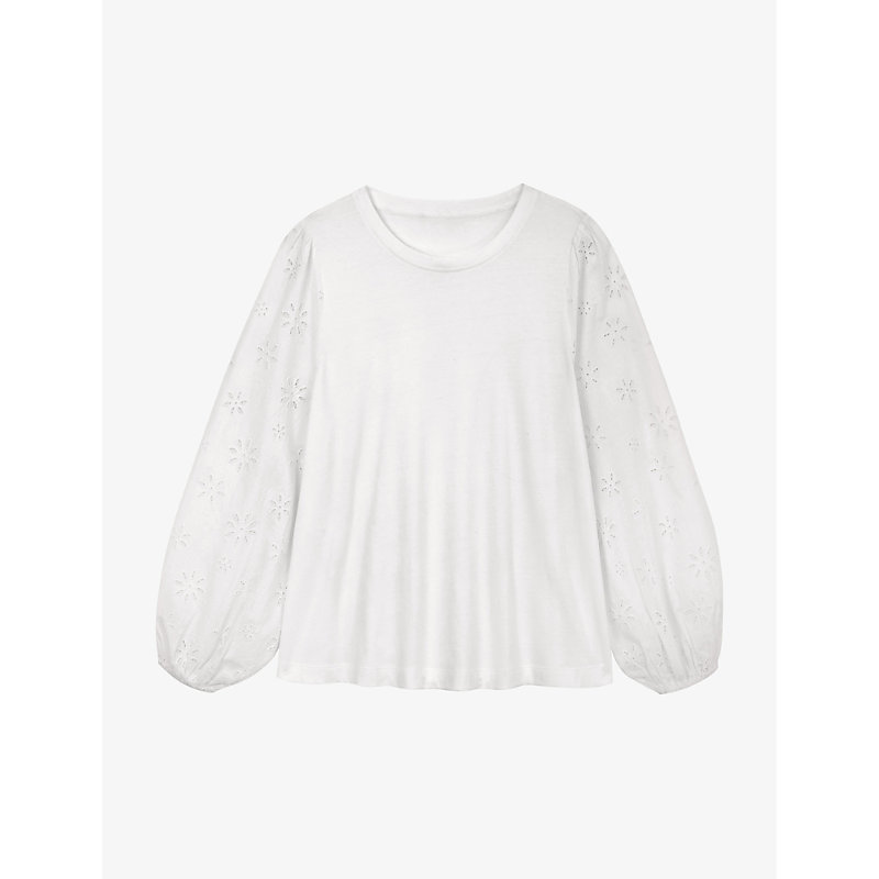 Womens White Broderie-sleeve Regular-fit Organic-cotton top