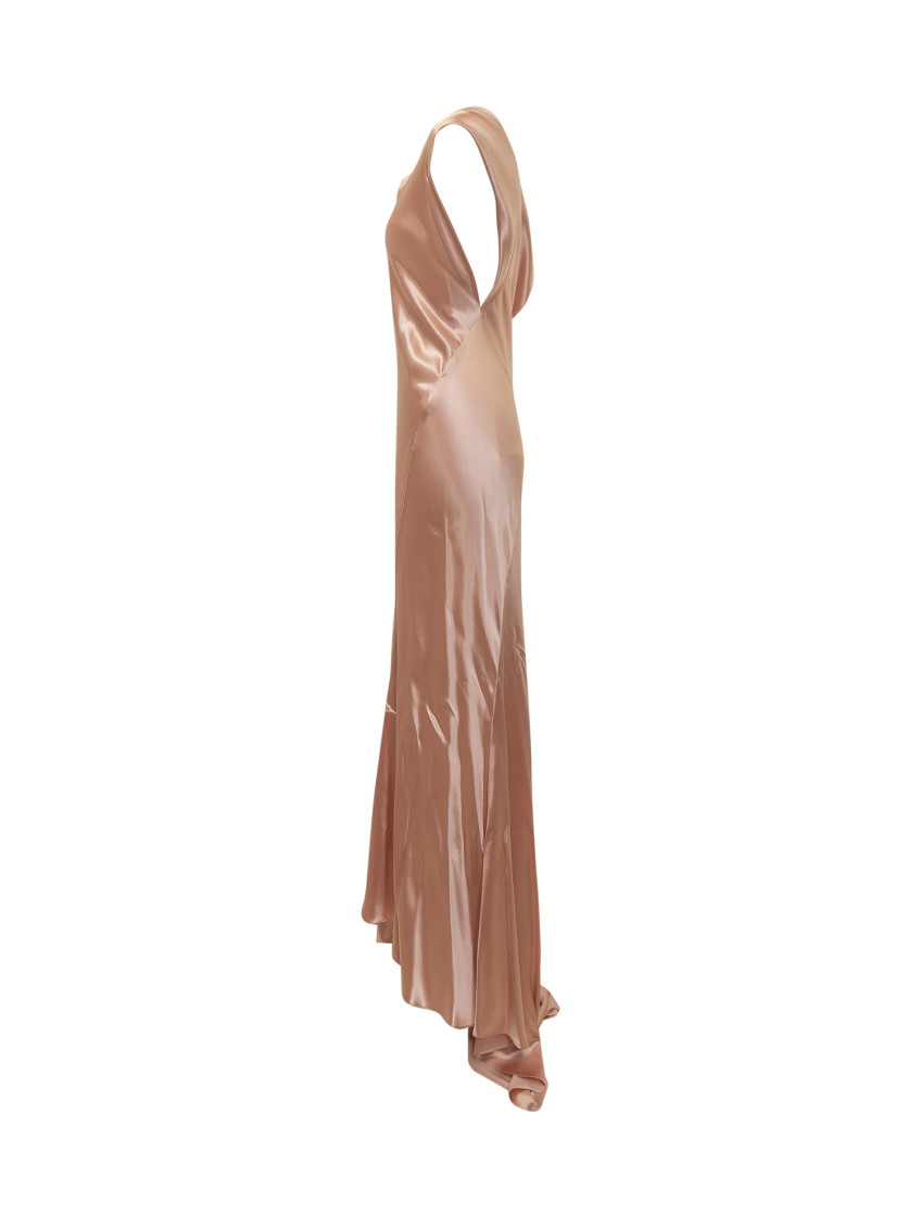 Pink Long Dress With Draped Details In Shiny Satin Woman