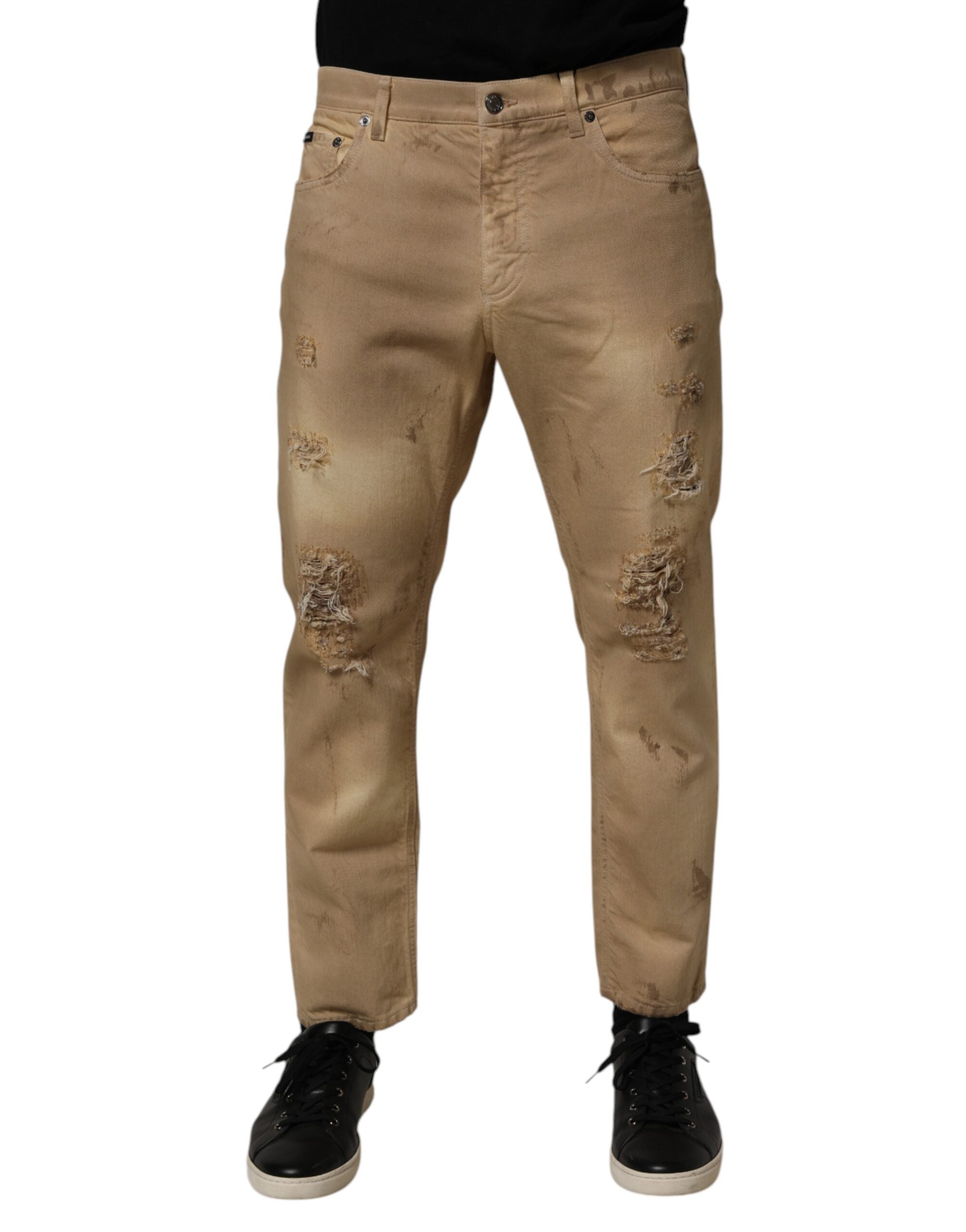 Distressed Cotton Jeans — Beige