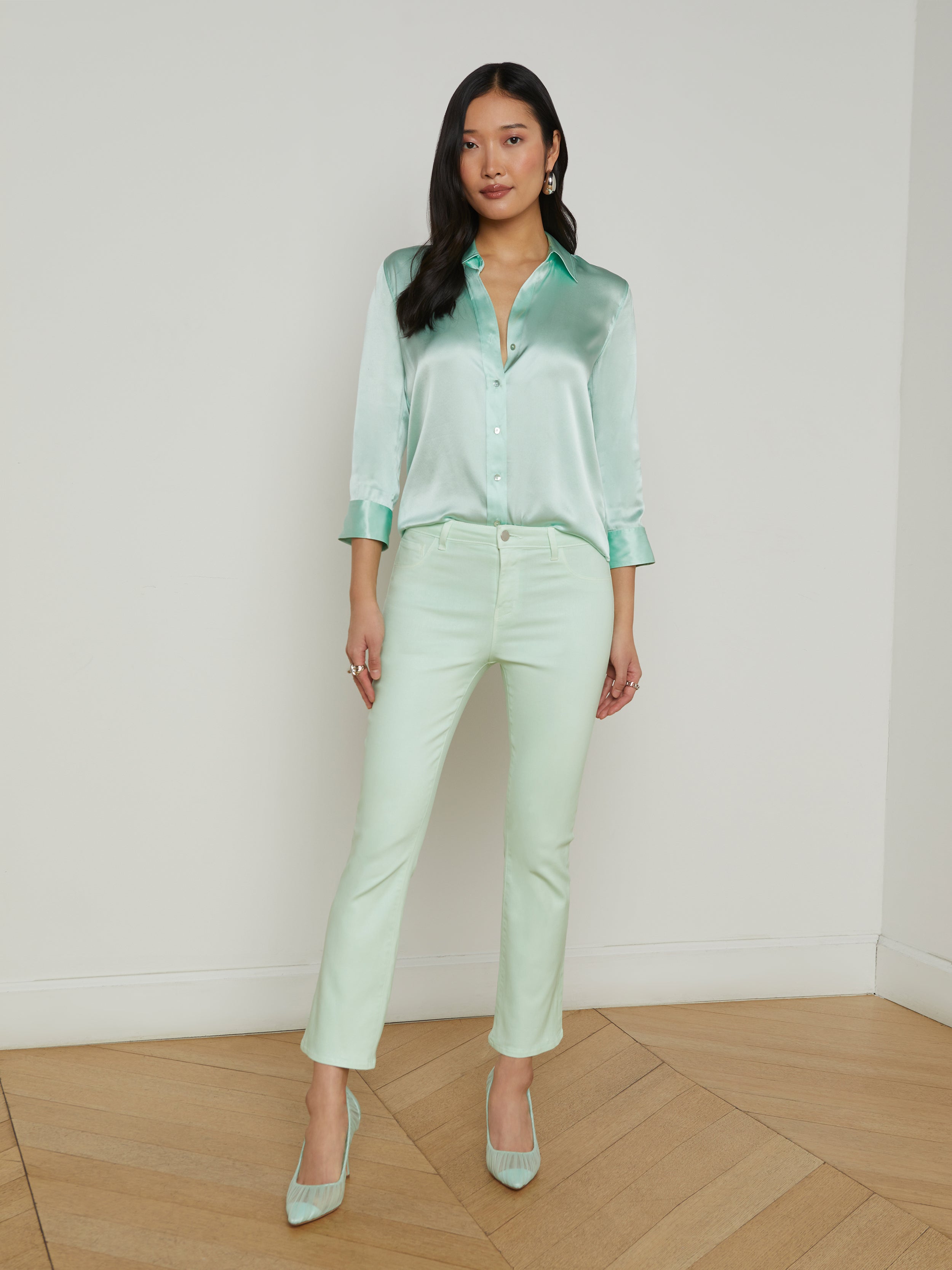 L'AGENCE Dani Silk Blouse Top In Pale Jade