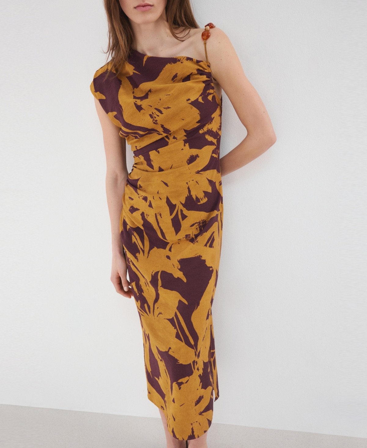 Women's Printed Asymmetrical Dress - Ochre