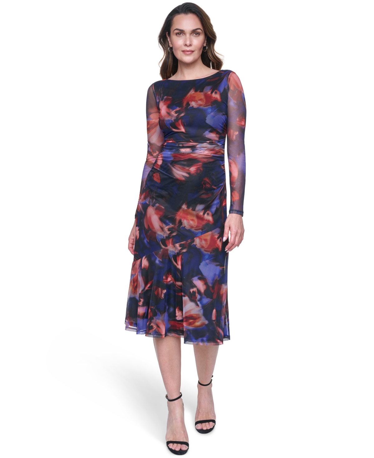 Women's Printed Mesh Bodycon Midi Dress - Bright Blue Red