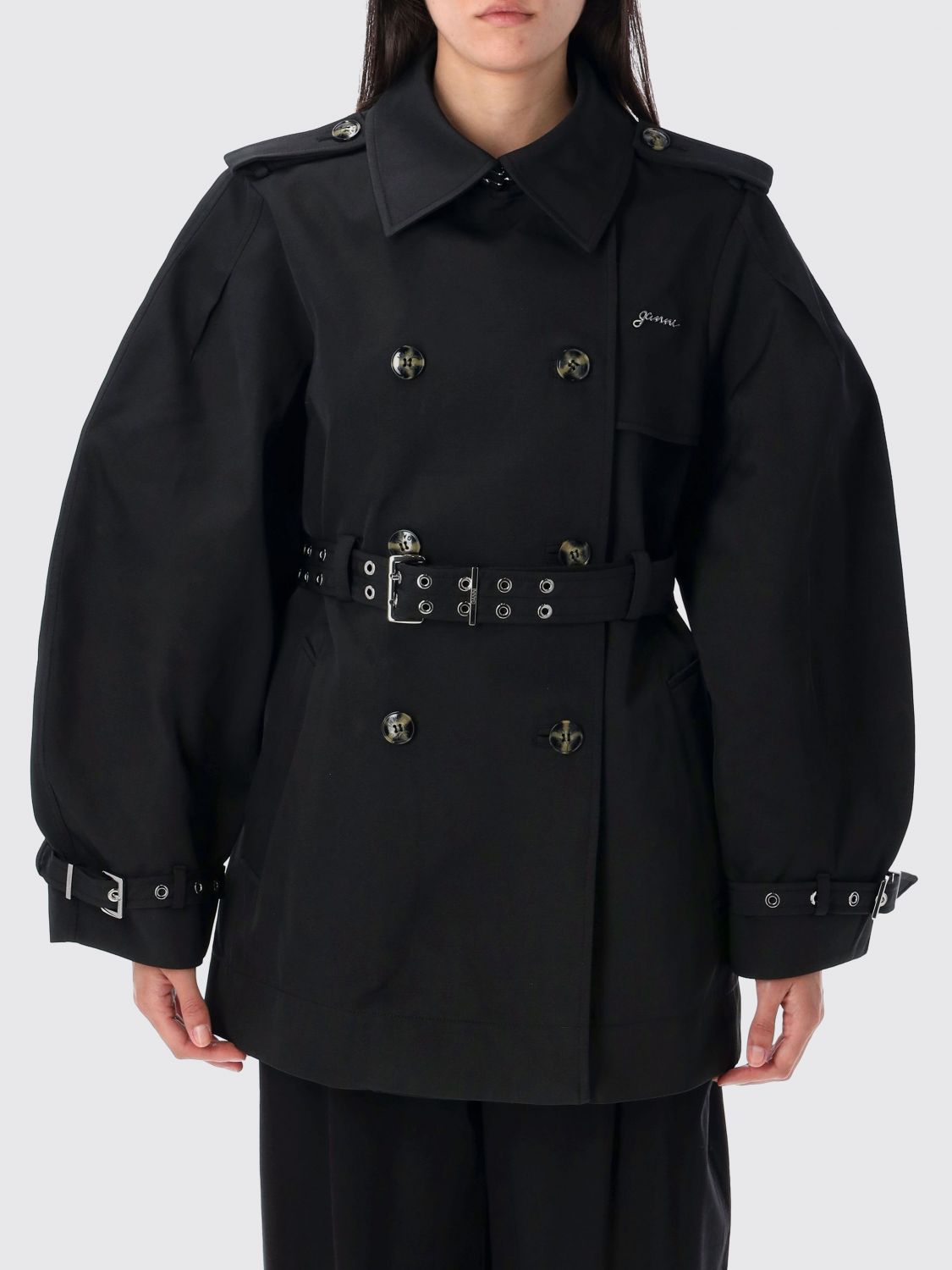 GANNI balloon-sleeve trench coat - Black