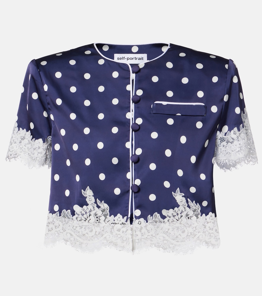 Lace-trimmed polka-dot satin crop top