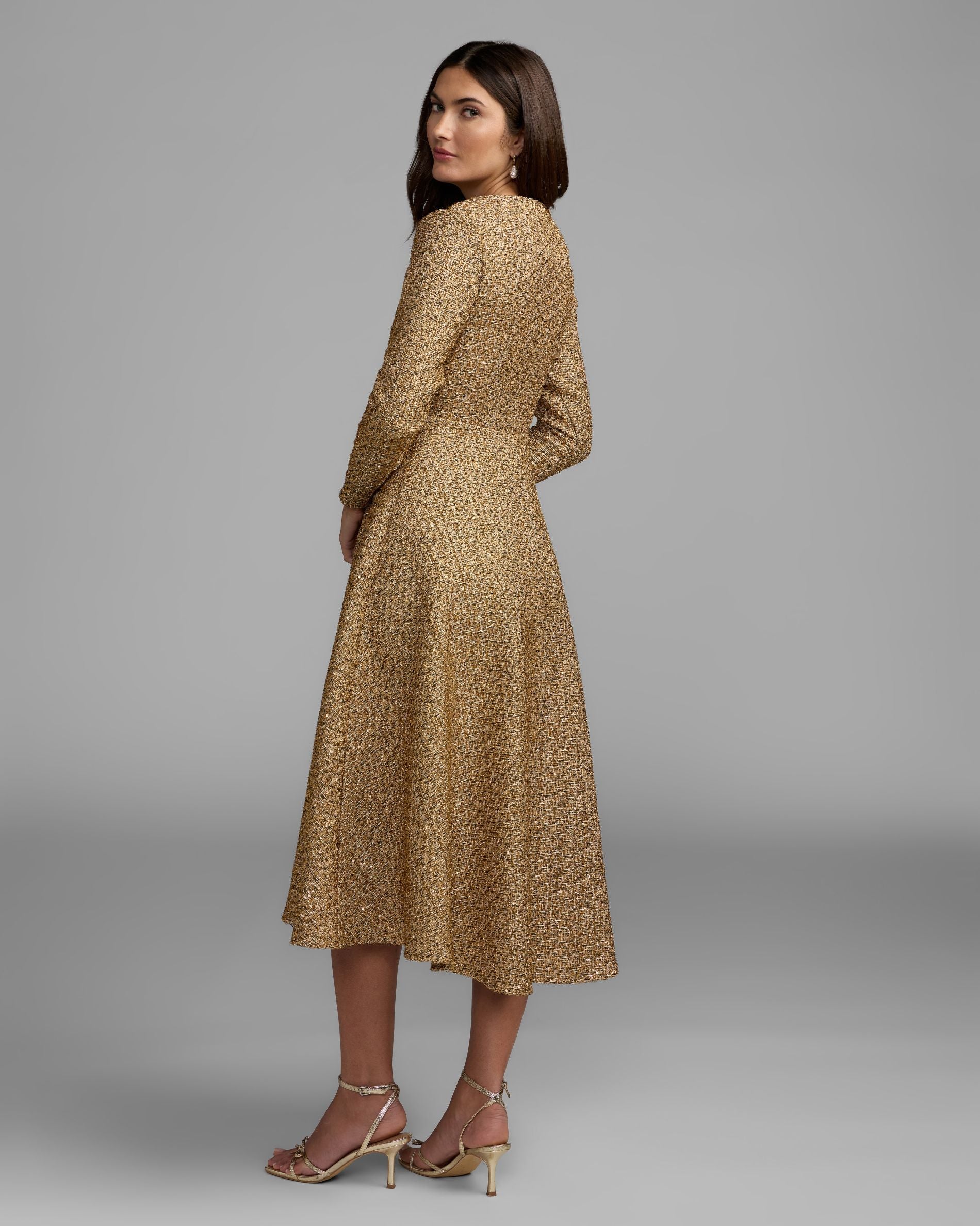 Gold Metallic Sequin Boucl Midi Dress