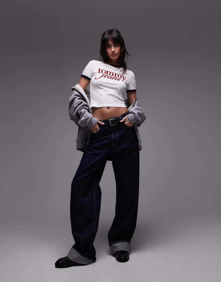 Tommy Jeans Womens script ringer t-shirt in off white and navy