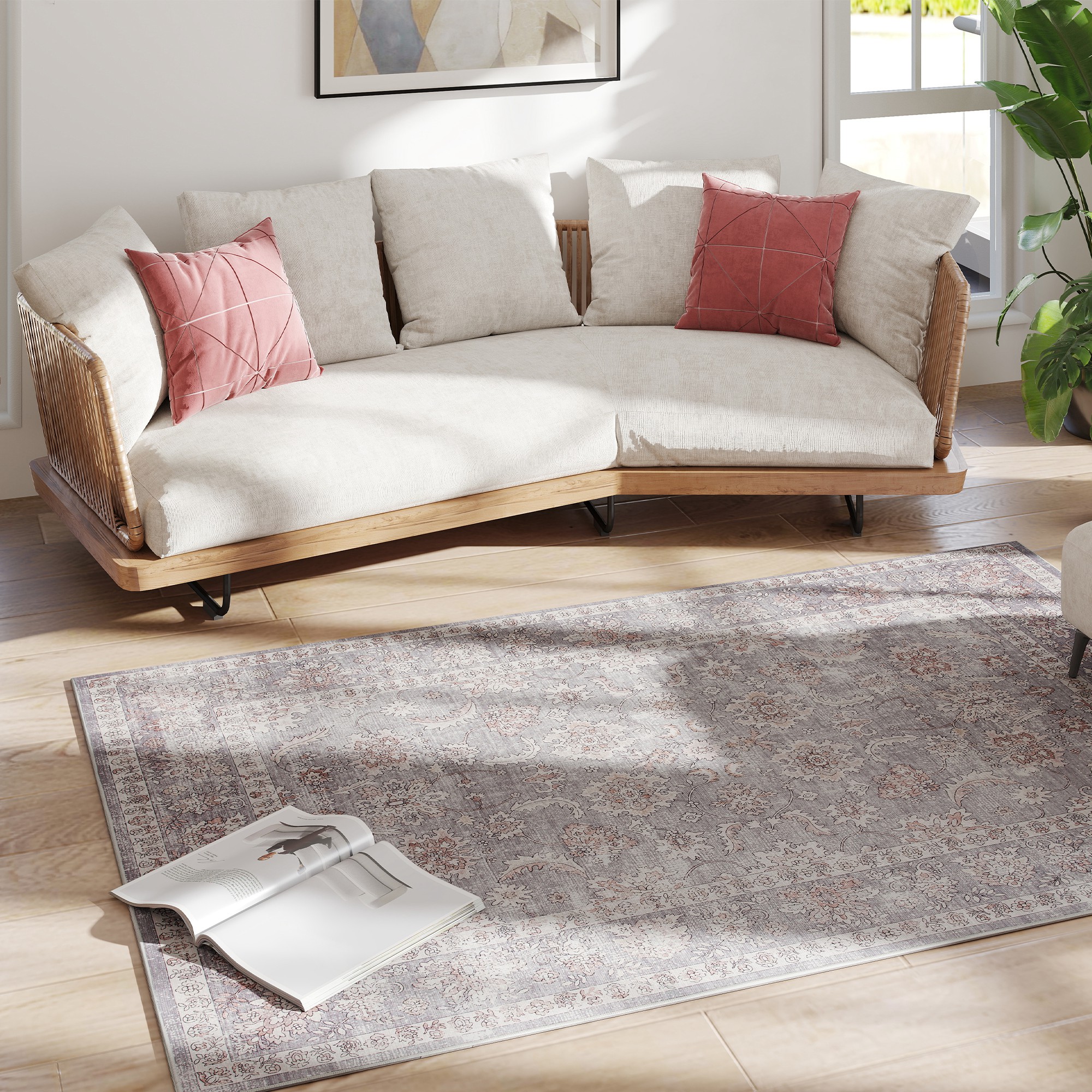 HOMCOM Machine Washable Area Rug 4x6, Non-Slip Traditional Flower Print Floor Carpet for Living Room, Bedroom, Mixed-Brown