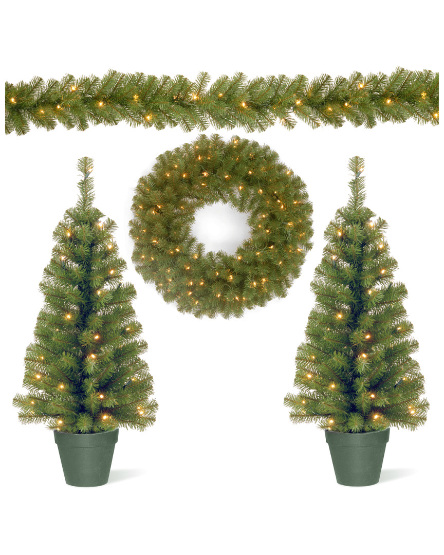 Two 3ft Entrance Trees w/ 35 Warm White Bat Op LEDs + 9ft x 8in Garland w/ 50 Warm White Bat Op LEDs + 24i