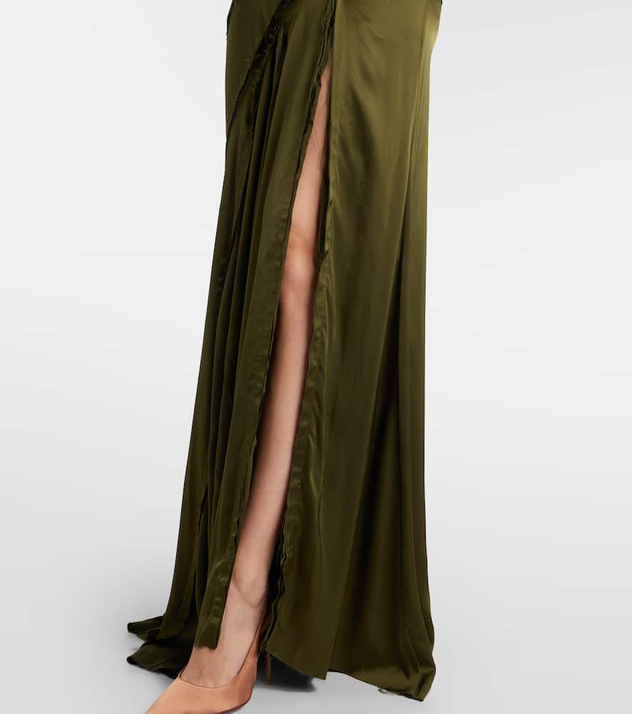 Asymmetric lace-trimmed satin gown
