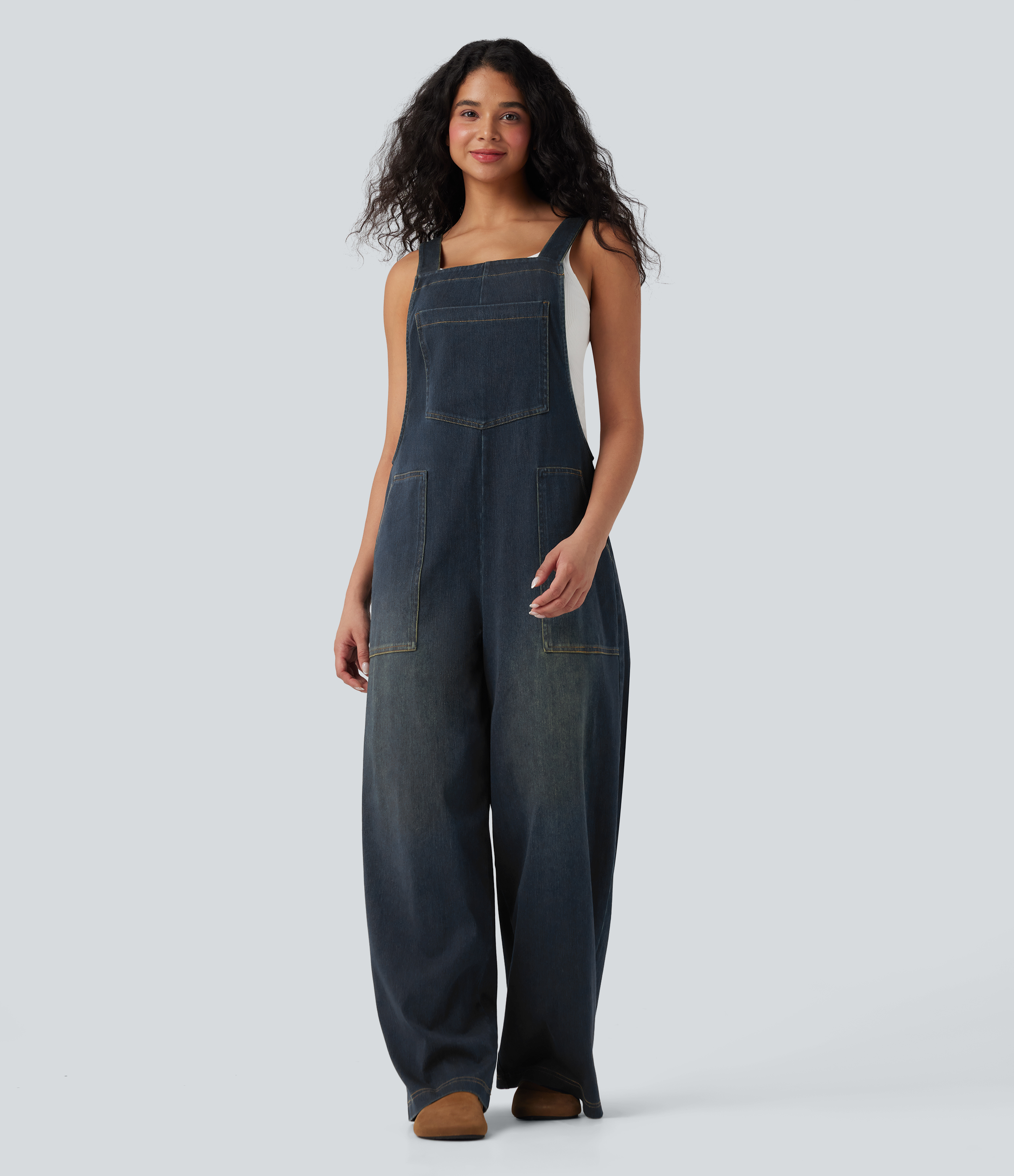 Halara Halara Flex™ Square Neck Washed Denim Casual Dungarees with Pockets - Mottled Dark Blue Deni