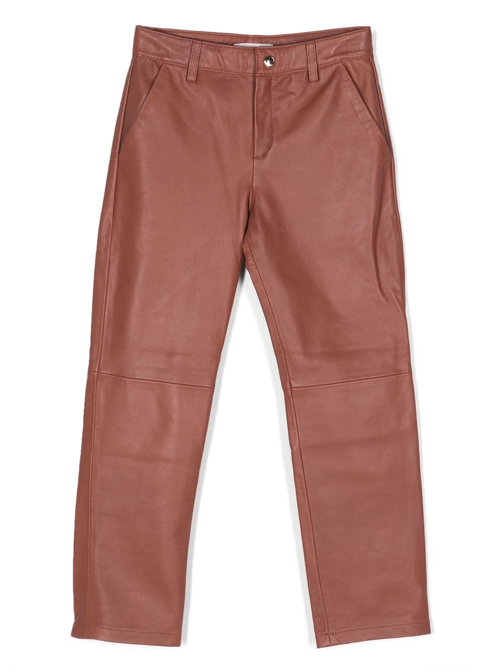 Motif-embroidered leather trousers