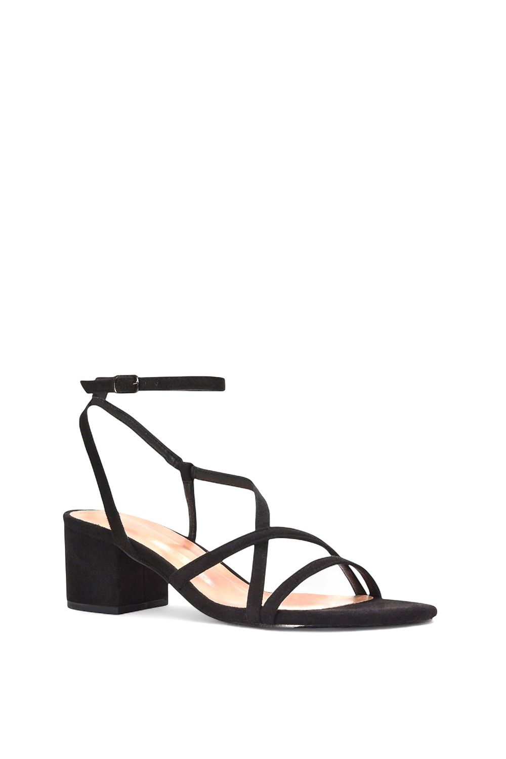 XY London Women's 'Maria' Ankle Strap Low Block Heel Strappy Sandals in Jet Black