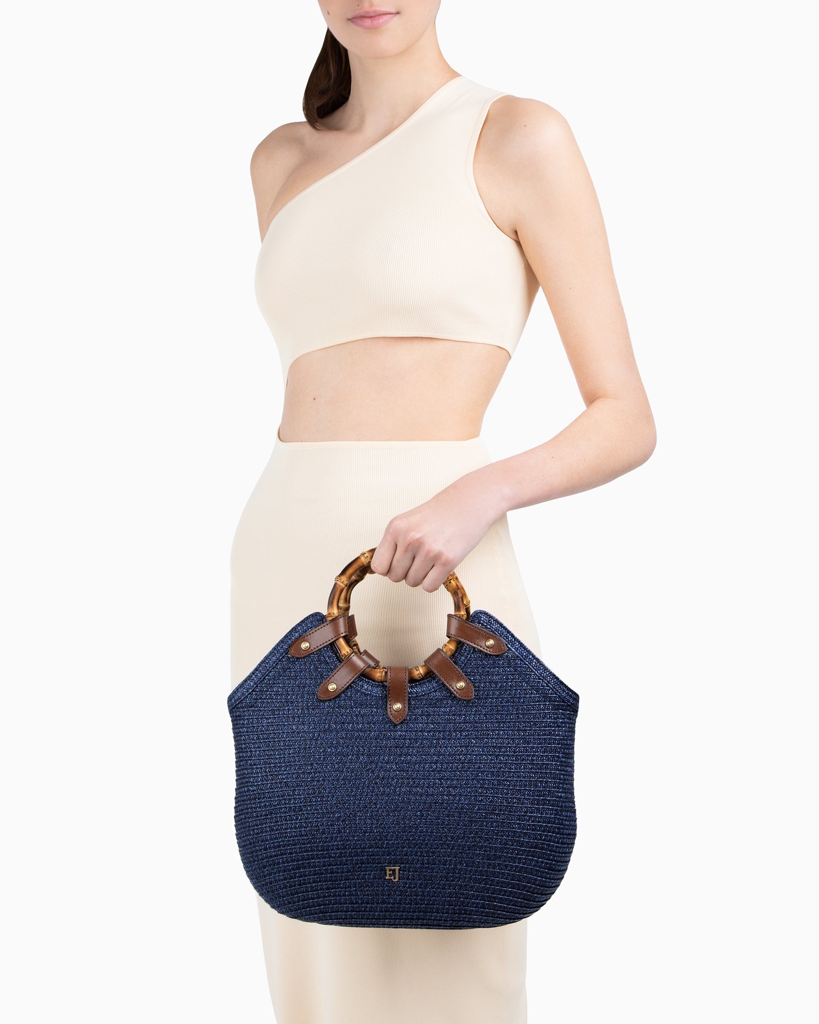 Squishee Straw Bag with Leather Trim and Bamboo Handles for Women