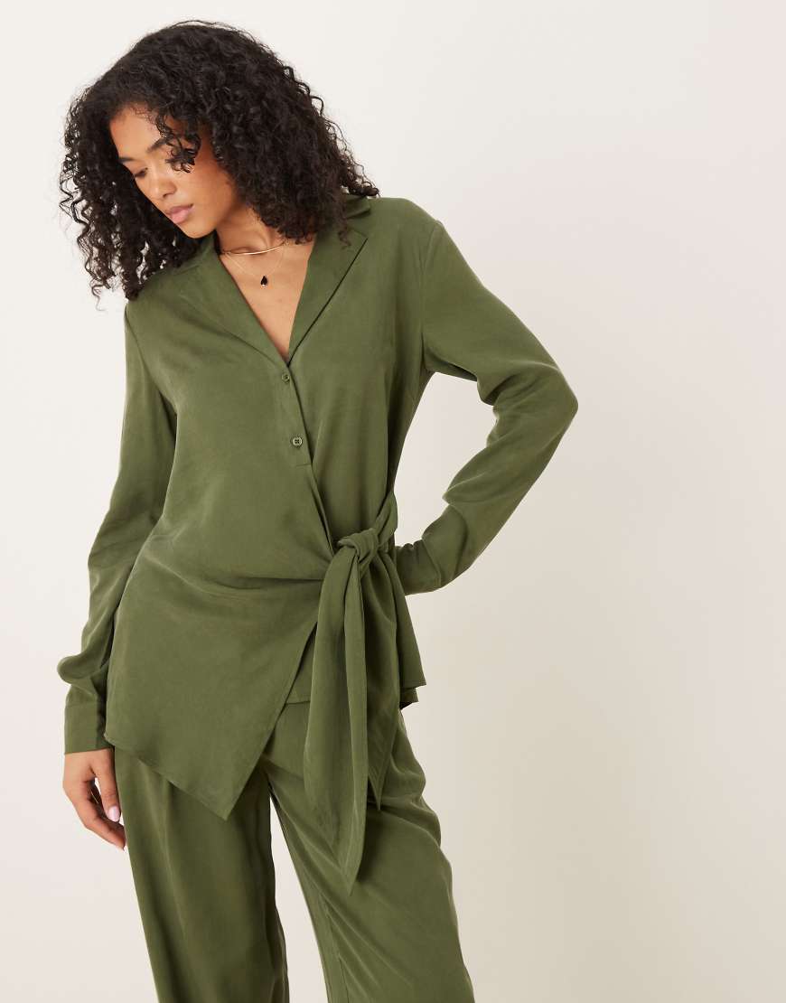 Soft shirt with drape front and tie co-ord in khaki-Green
