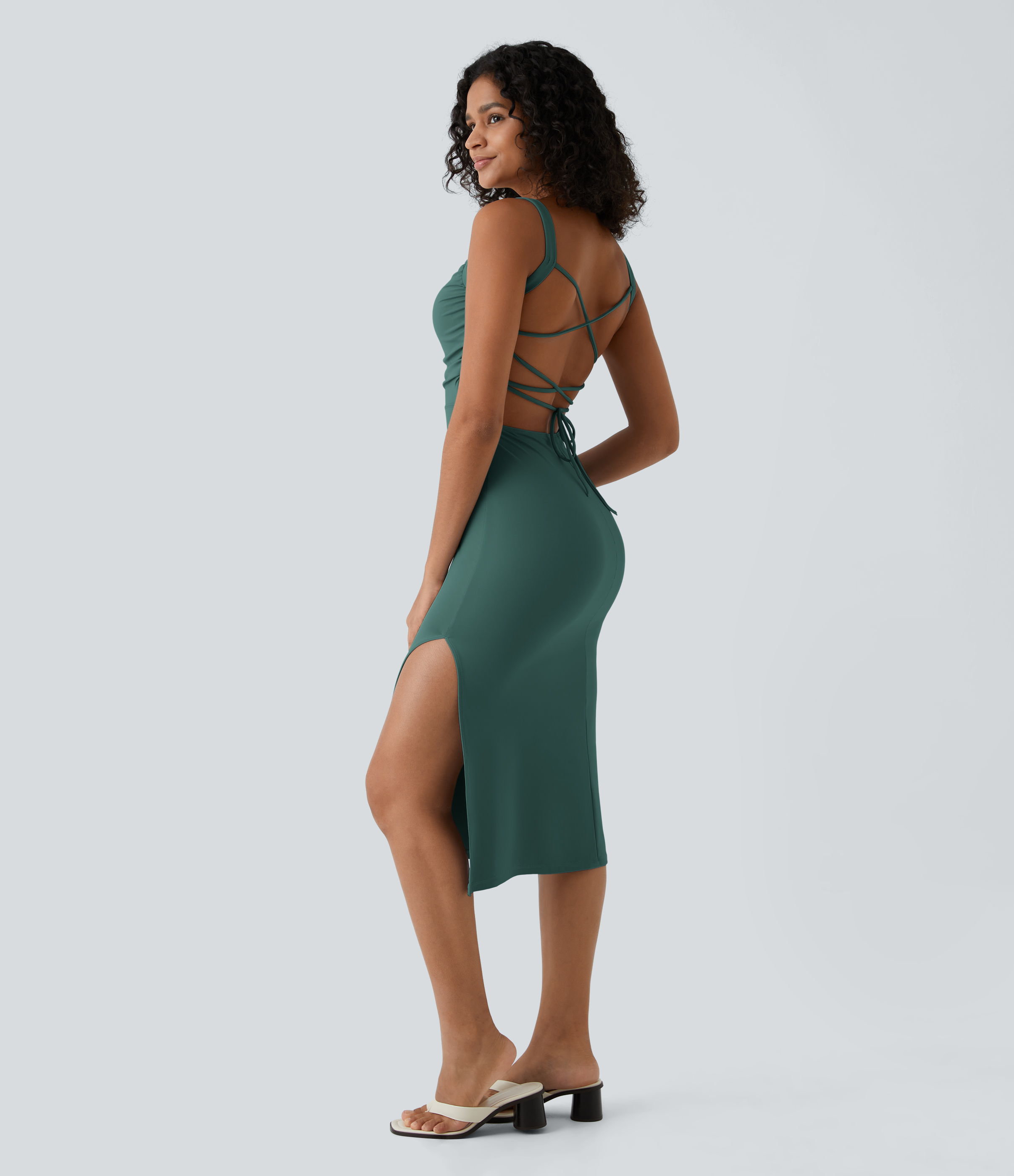Ruched Lace Up Bodycon Midi Casual Dress Casual Dress - Blue Spruce
