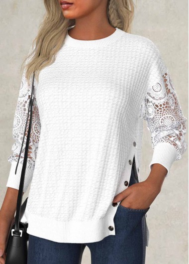 Modlily White Embroidery Long Sleeve Round Neck Sweatshirt