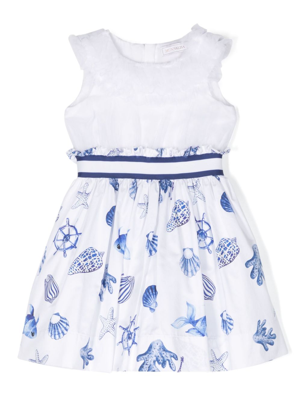 Sea life-print flared cotton dress - White