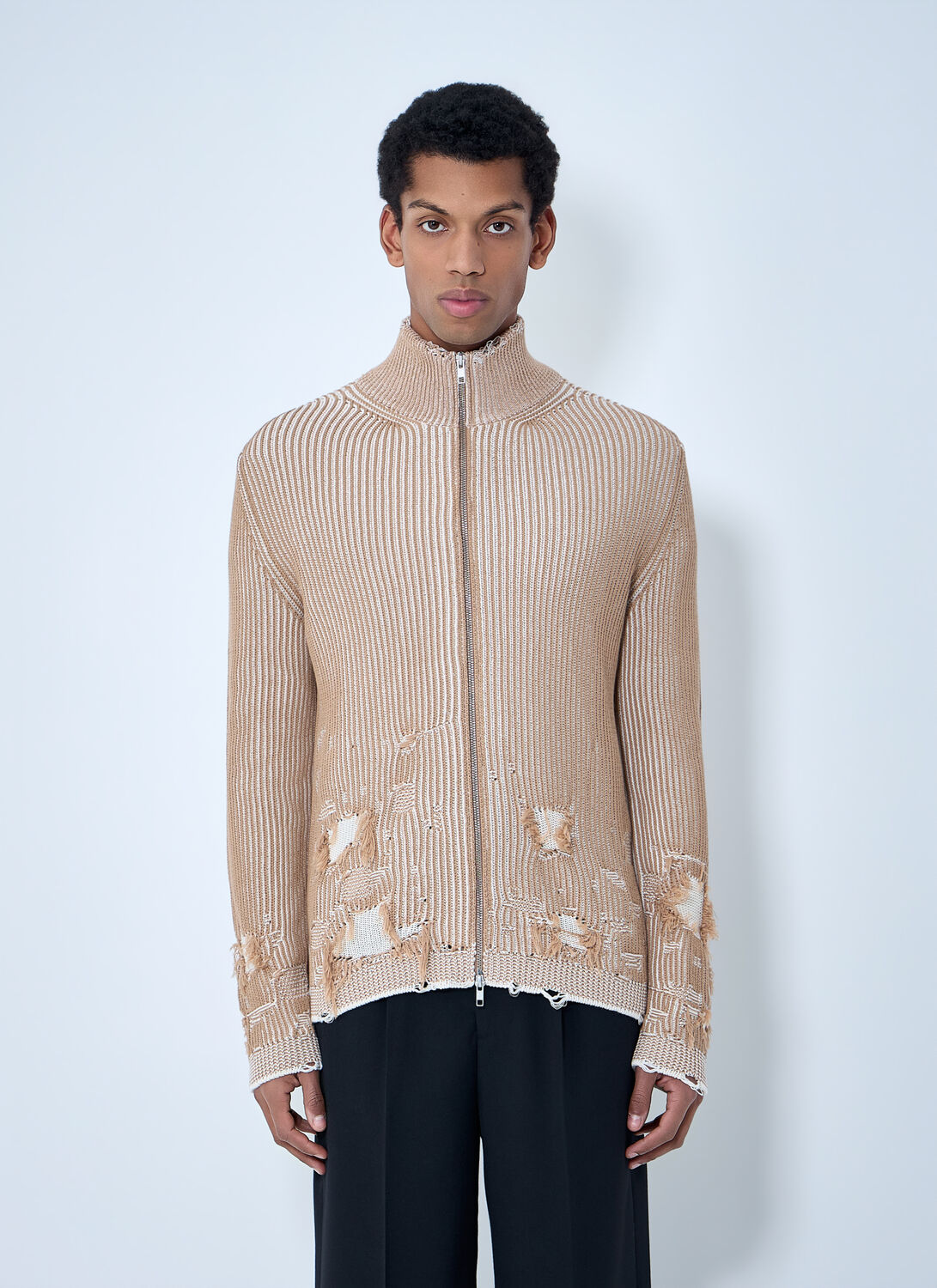 Distressed Ribbed High-neck Sweater