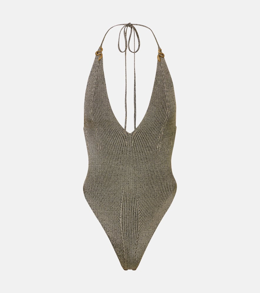 Embellished halterneck lamé bodysuit