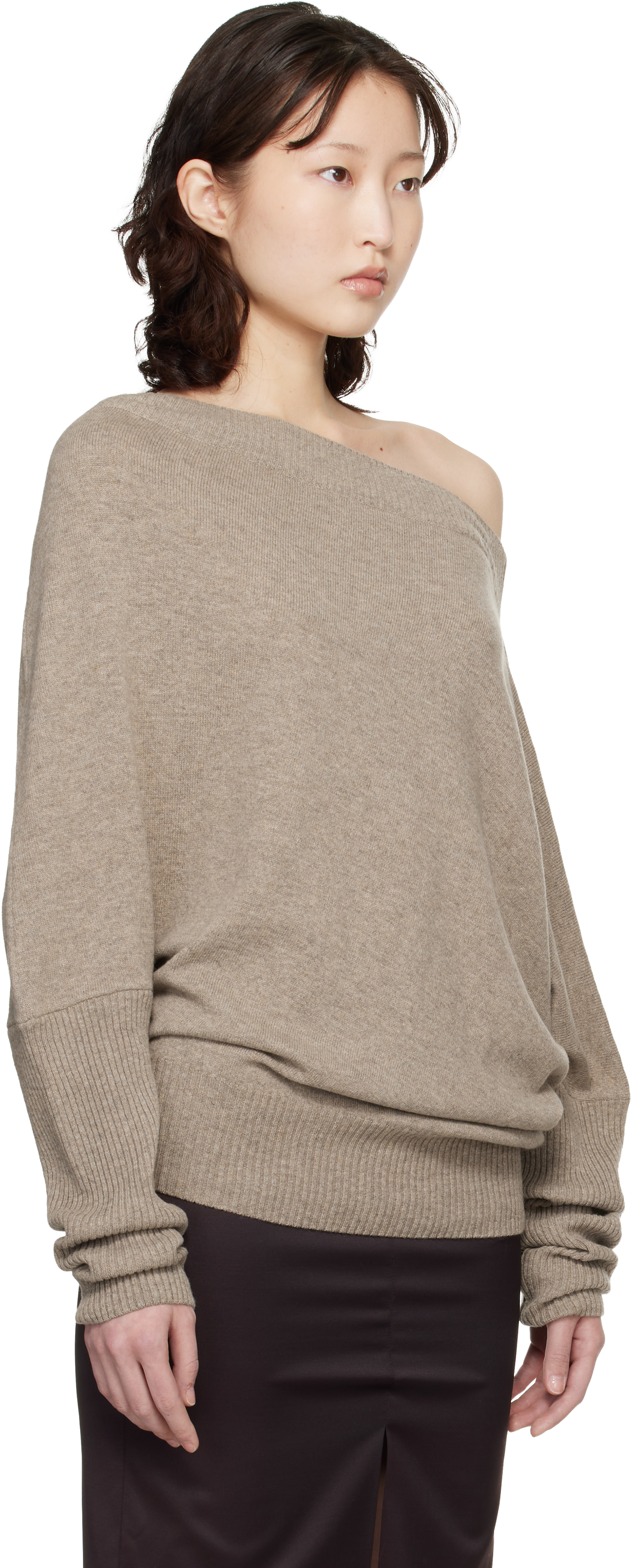Taupe Merino Wool Off-Shoulder Sweater