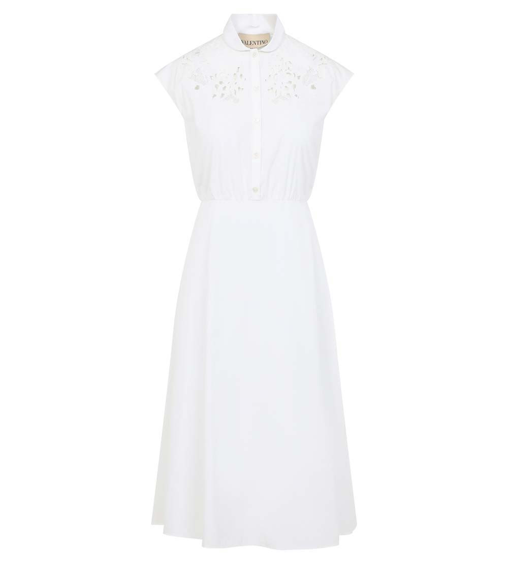 White Cotton Embroidery Midi Dress