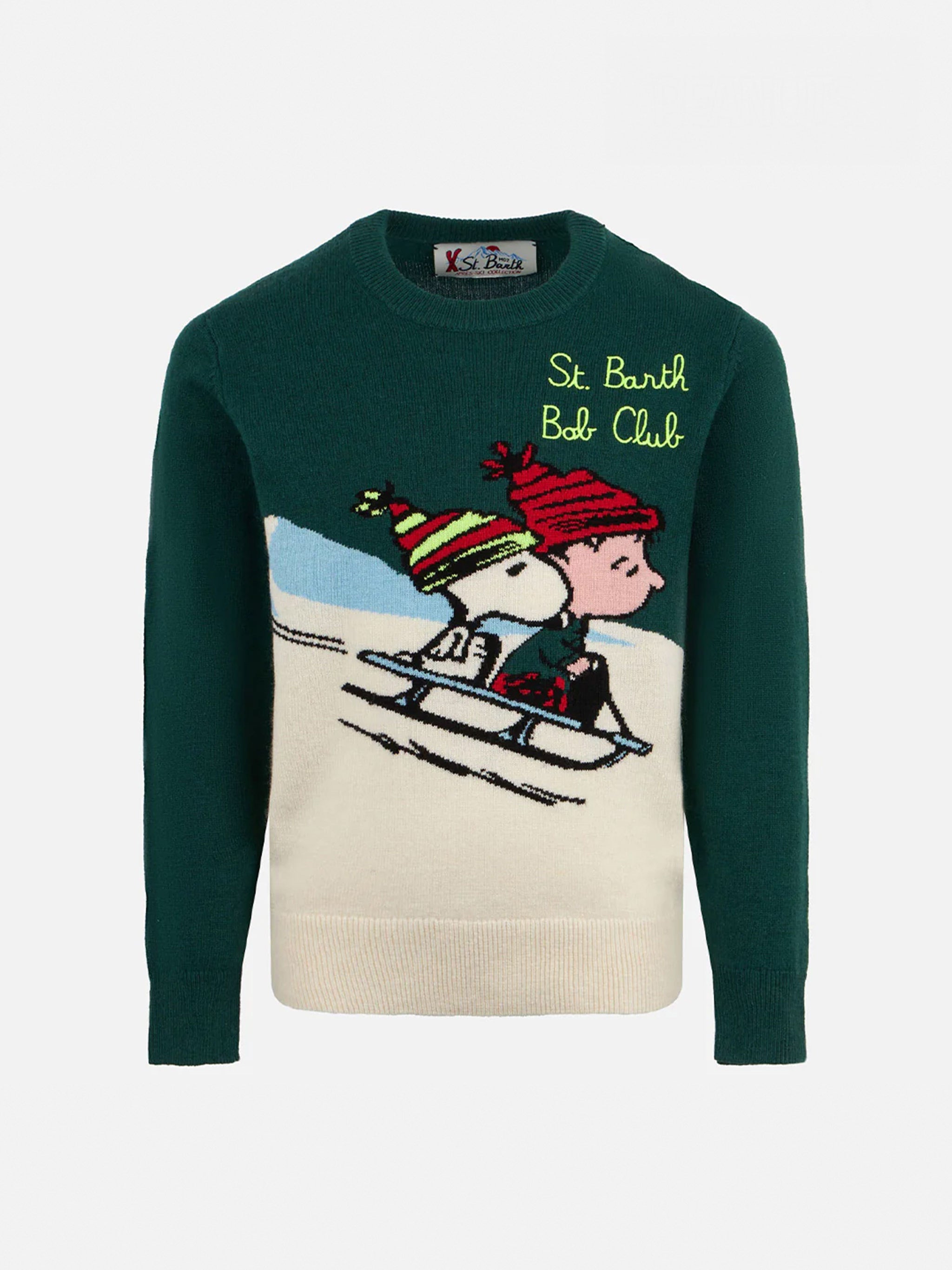 Boy Crewneck Sweater With Snoopy Print And St. Barth Bob Club Embroidery - Peanuts Special Edition Green
