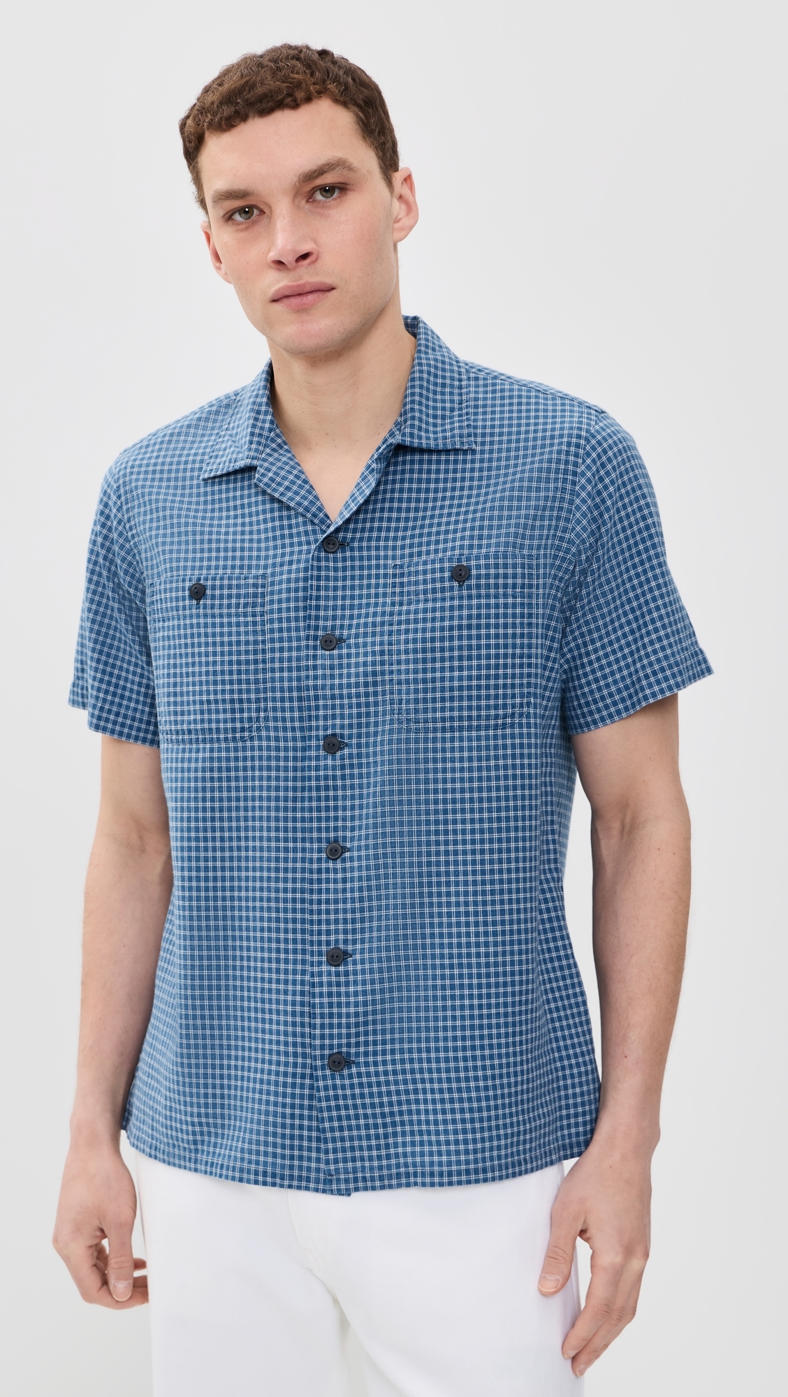 Billy Short Sleeve Plaid Collared Shirt Indigo Cream