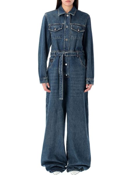 Prada Long Sleeved Belted Denim Jumpsuit