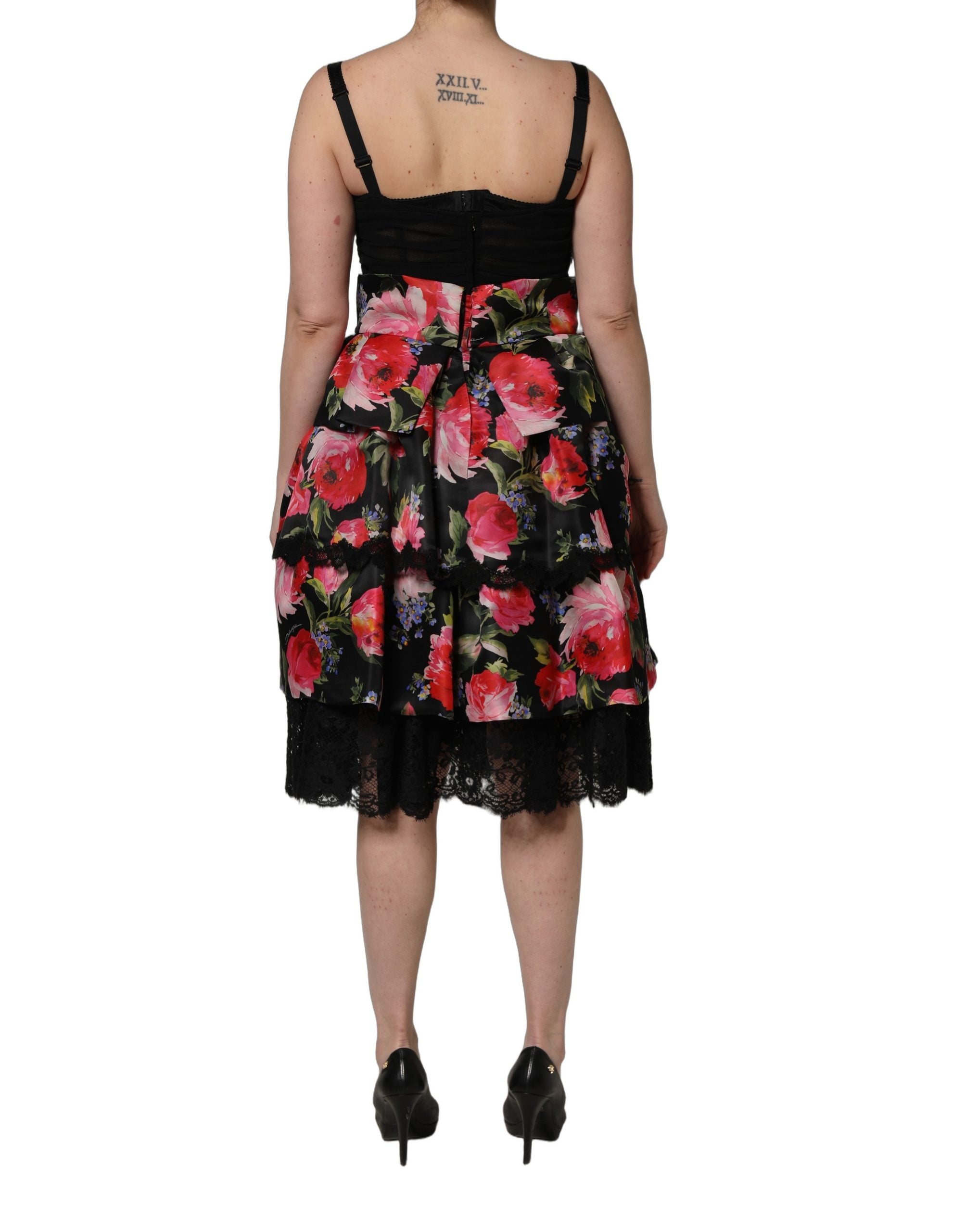 Floral Print Tiered Dress — Black
