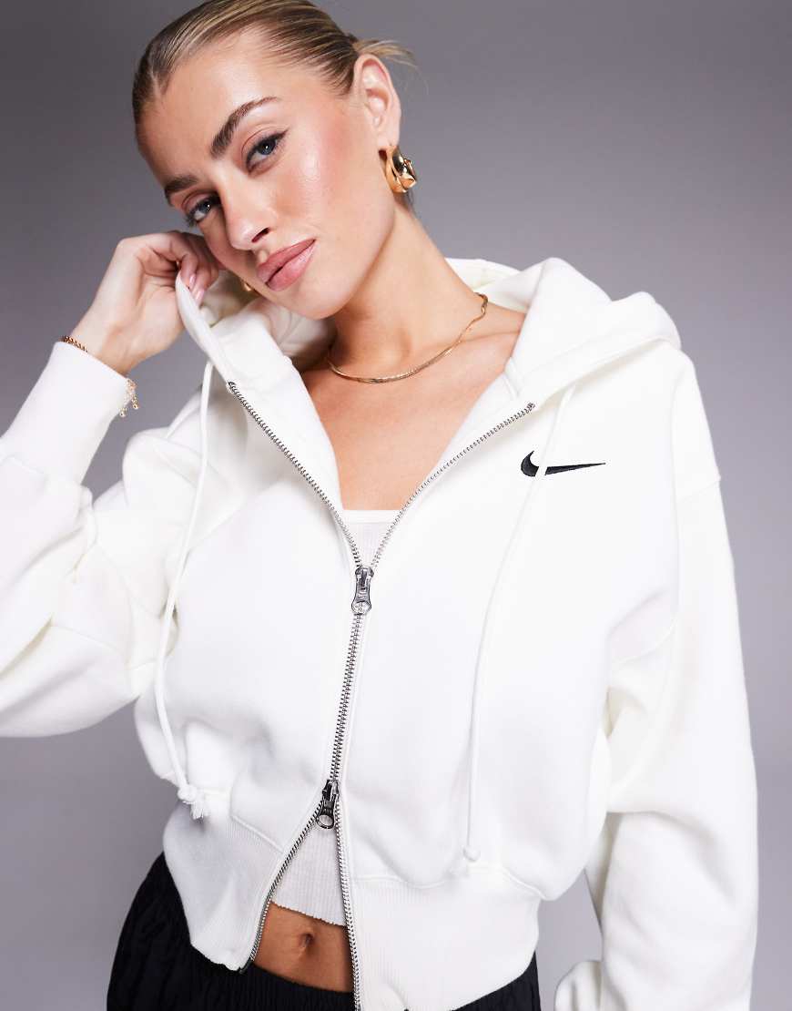 Nike Phoenix Fleece cropped full zip hoodie in cream-White
