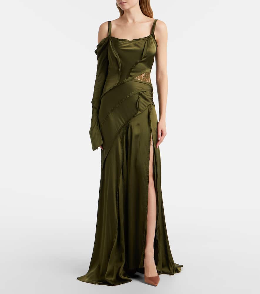 Asymmetric lace-trimmed satin gown