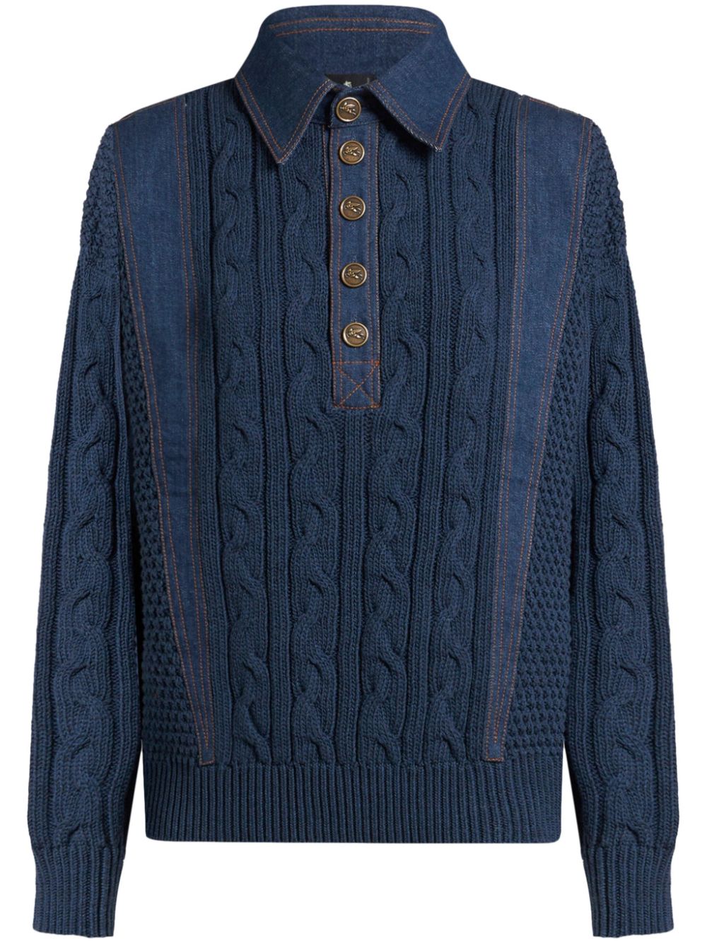 Denim-inserts knitted polo top - Blue