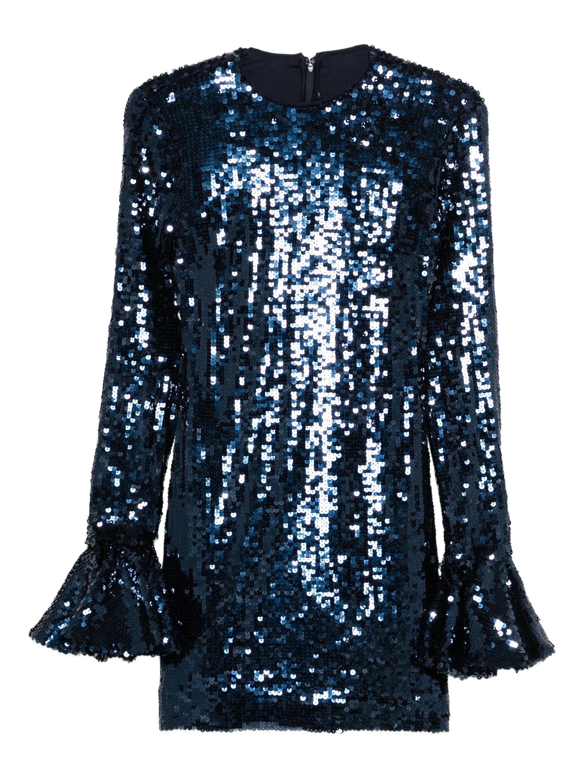 Round Neck Flared Cuff Dress with Back Zip Closure
