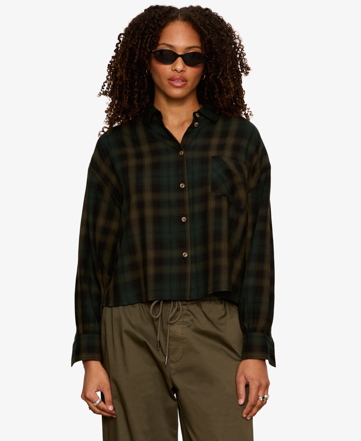Petite The Autumn Edit Flannel Cropped Button-Up Shirt - Forest Plaid