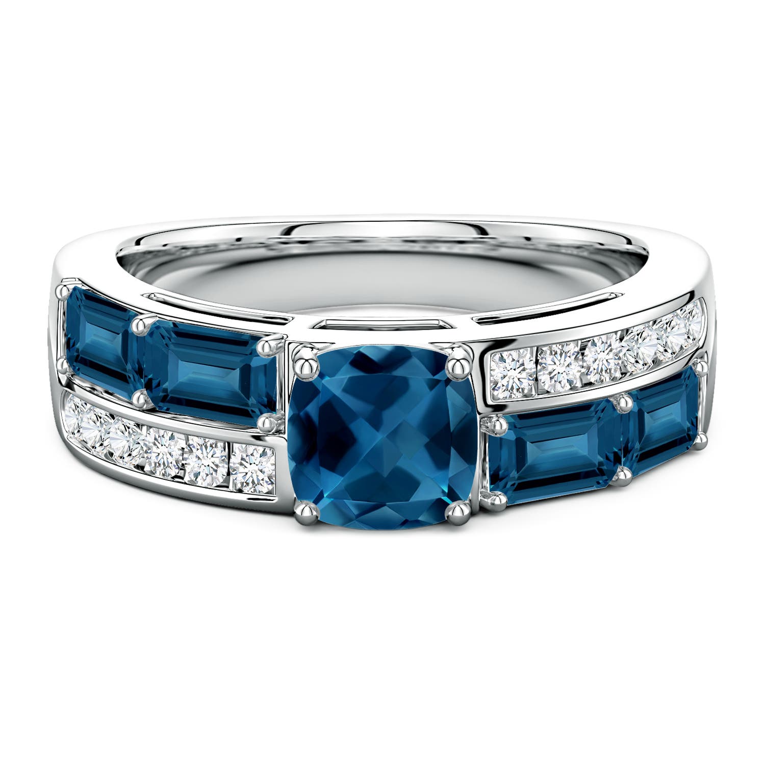 Lee Harris x Angara 2.75 CTW Cushion London Blue Topaz Modern Art Deco Inspired Double Side Stone Shank Ring in Platinum
