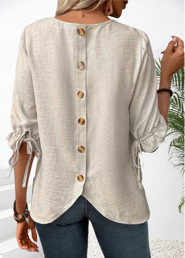 Modlily Beige Button Half Sleeve Round Neck Blouse
