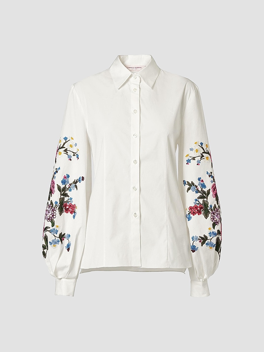 Women's Floral-Embroidered Cotton Shirt - White
