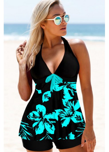 Modlily Floral Print Halter Keyhole Back Swimdress and Short