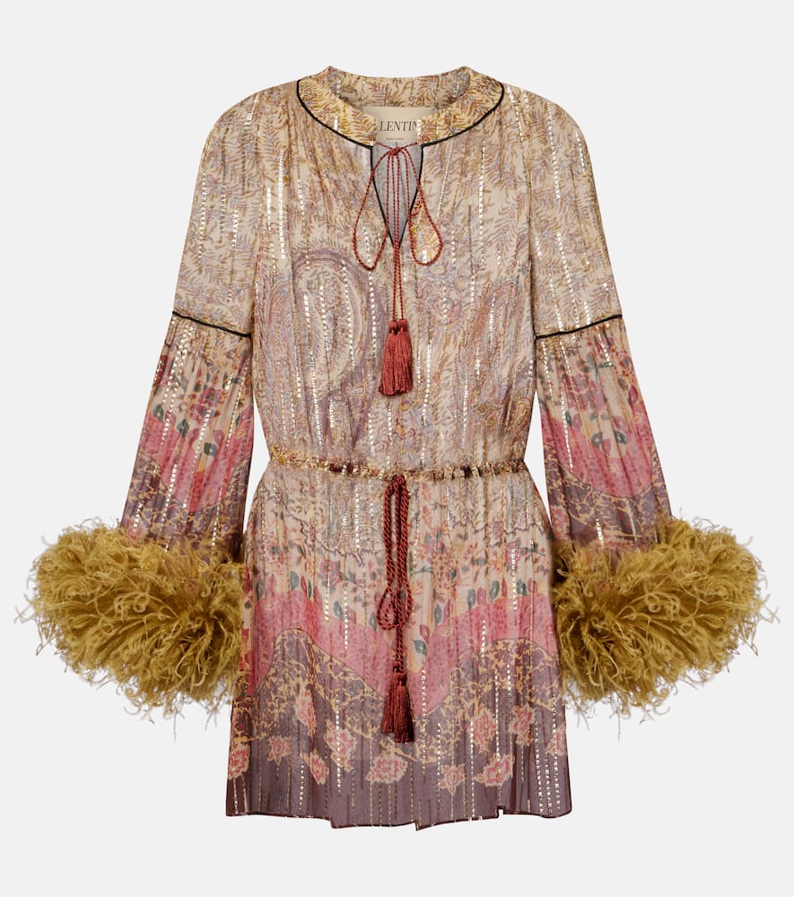 Paisley feather-trimmed silk-blend blouse