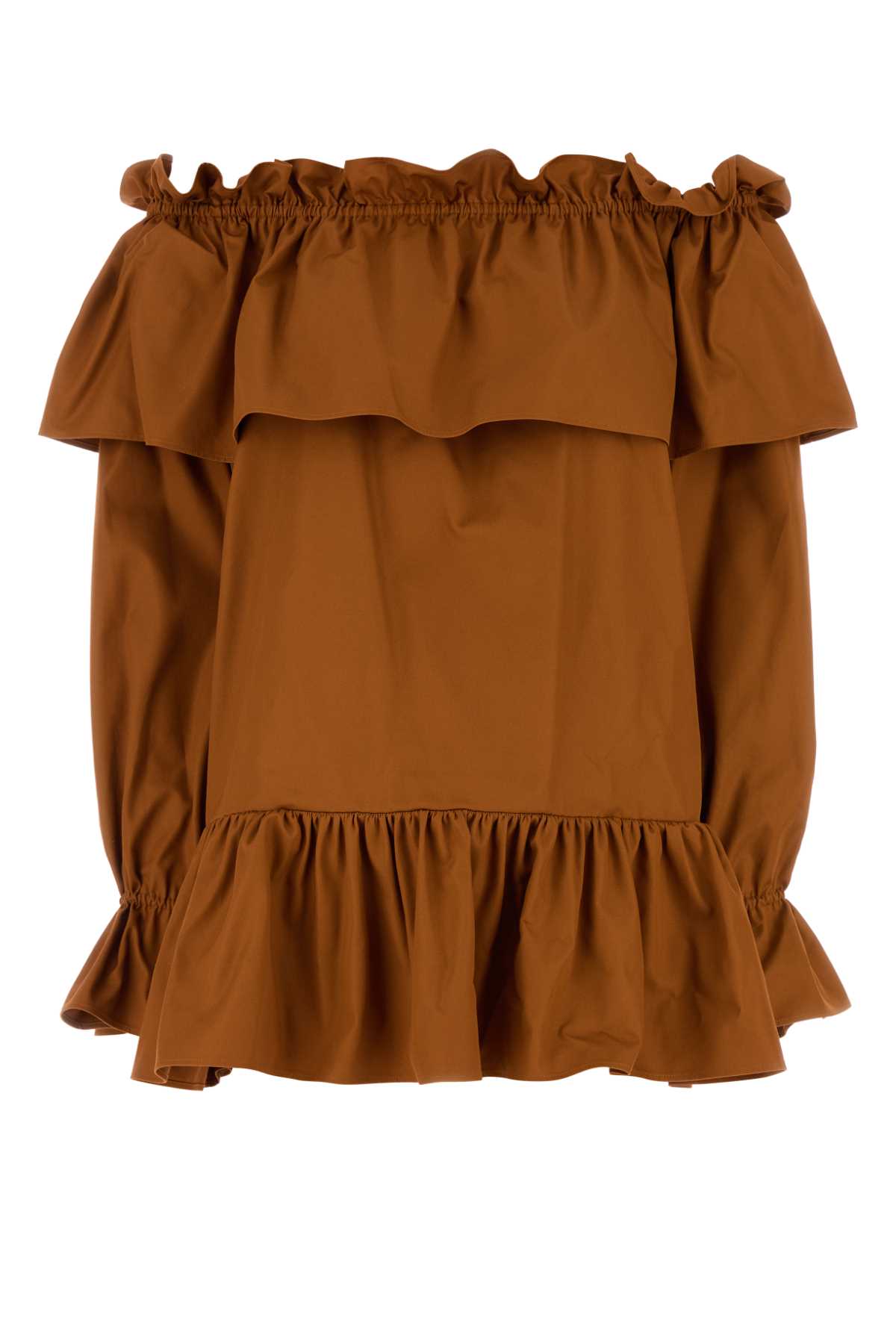 Cotton Twill Off-Shoulder Dress — Caramel