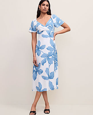 Ann Taylor Floral Shirred Flare Midi Dress