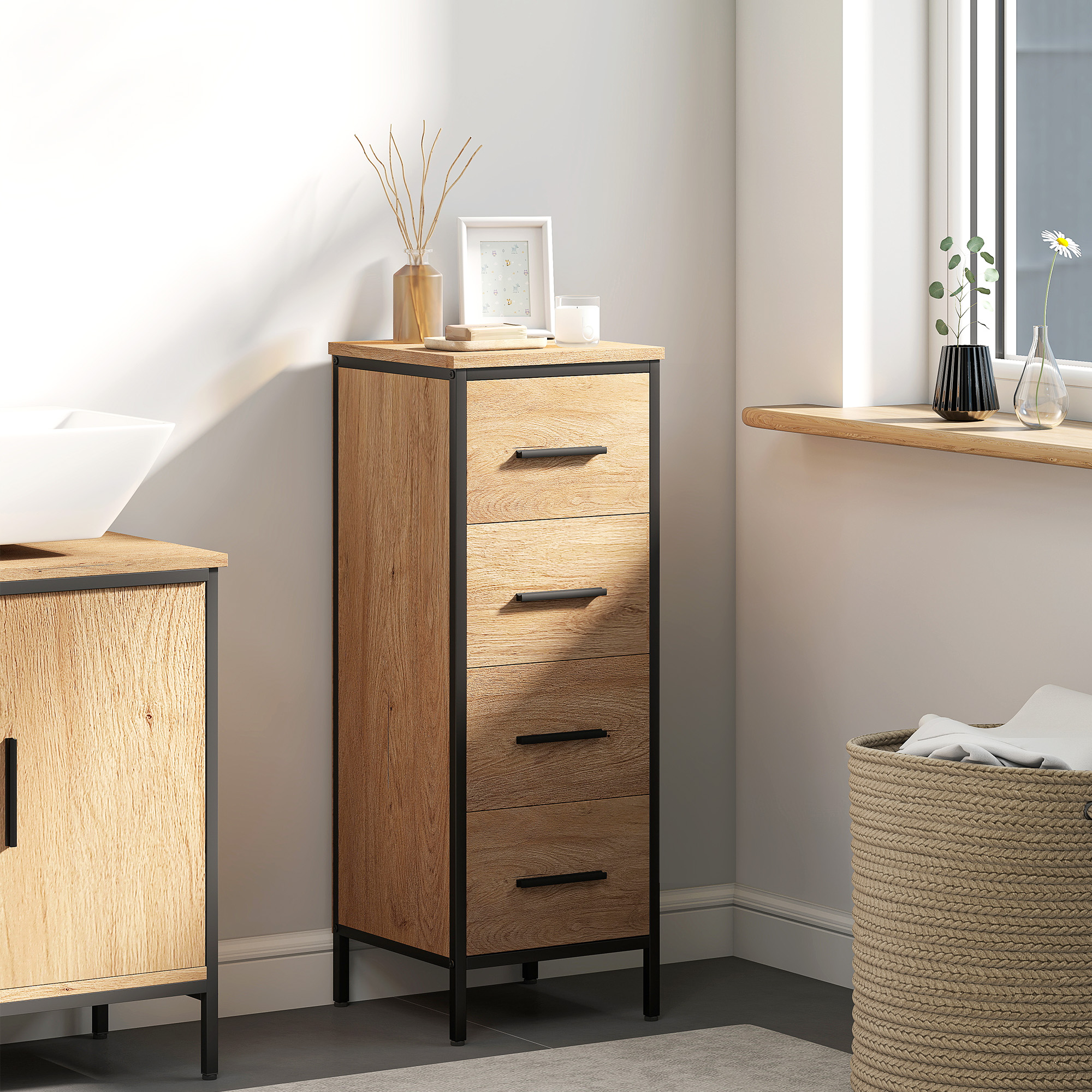 TEMU Narrow Bathroom Storage Cabinet, Industrial Slim Bathroom Storage Unit With 4 Drawers And For Small Spaces, 30 X 30 X , Oak