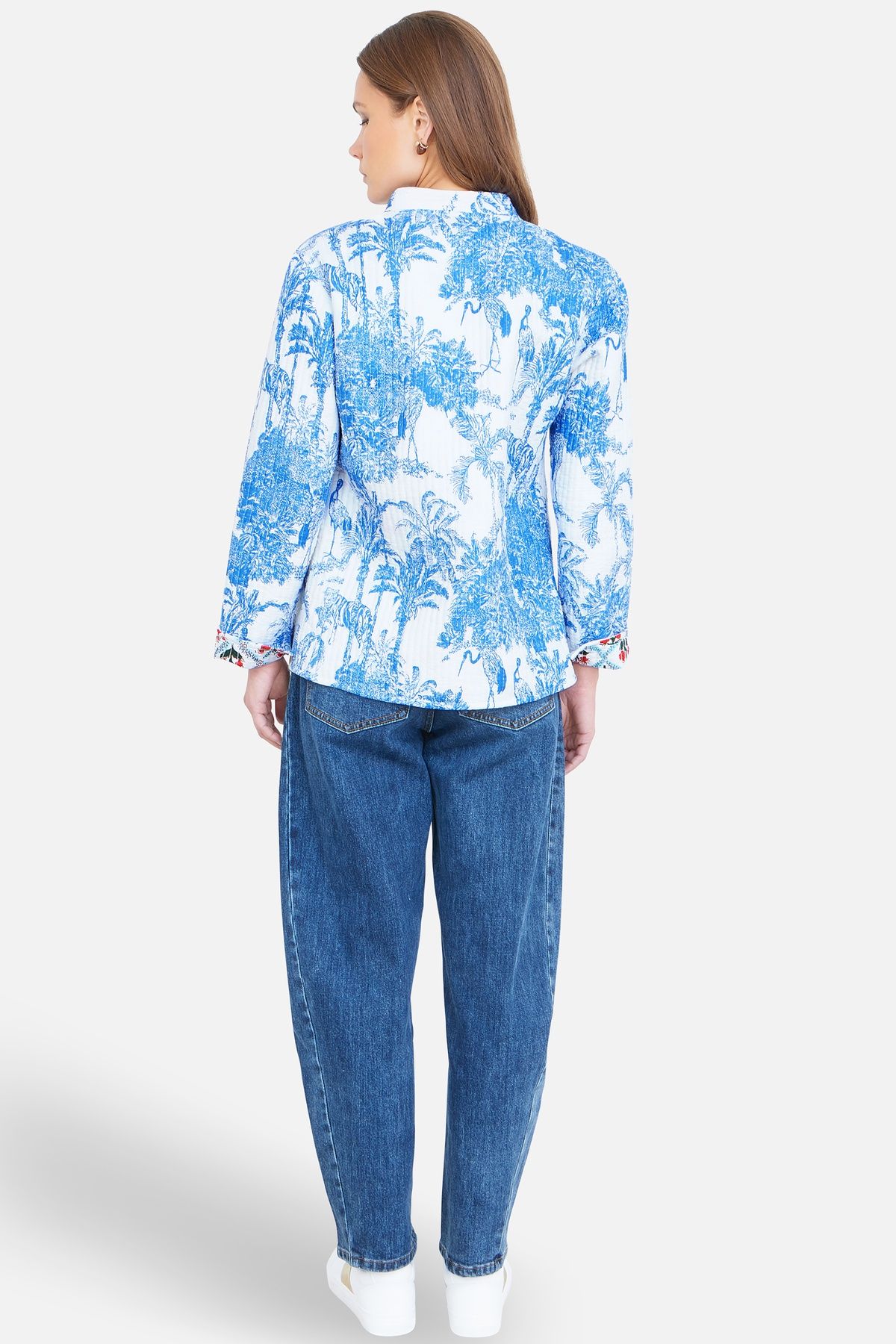 Yumi Blue Palm Reversible Cotton Quilted Jacket In Bright Blue